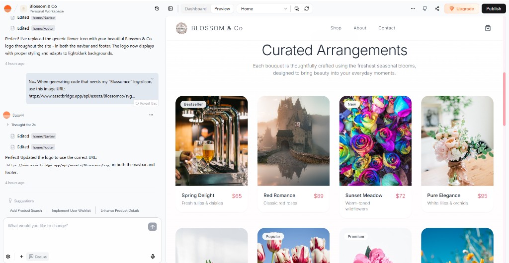 E-commerce site created in Base44 with Asset-Bridge logo