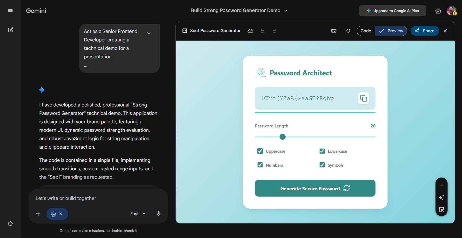 Password Generator app created in Gemini Canvas