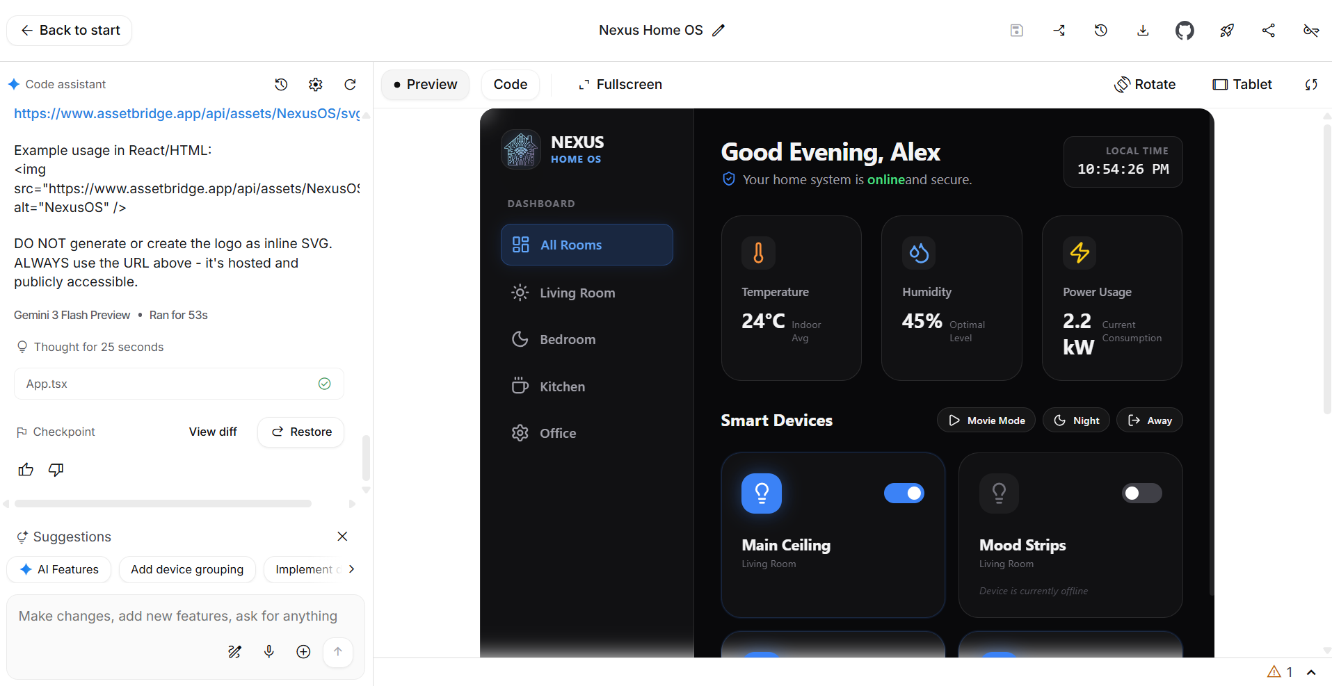 Smart home dashboard created in Google AI Studio with Asset-Bridge logo