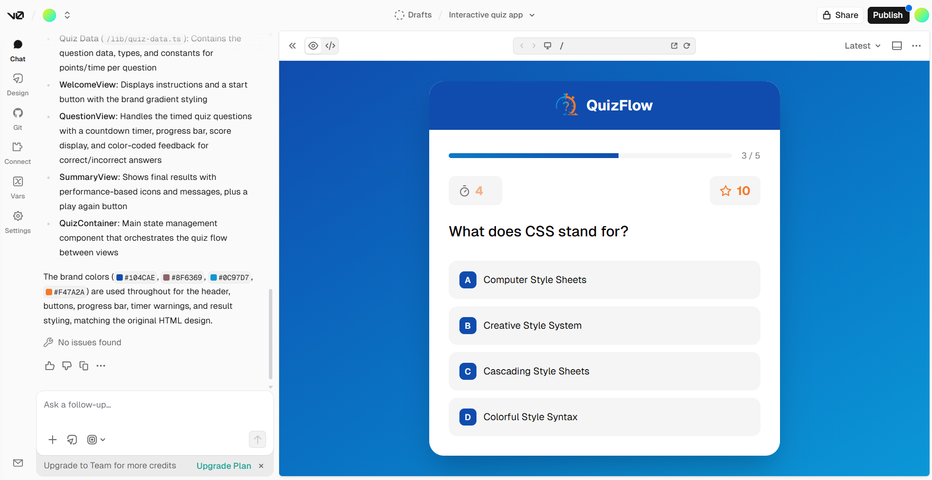 Quiz app created in v0.dev with Asset-Bridge logo